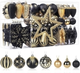 SHareconn 106PCS Christmas Balls Ornaments Set, Colorful Shatterproof Plastic Decorative Baubles for Xmas Tree Decor Holiday Wedding Party Decoration with Hanging Hooks, Black & Gold